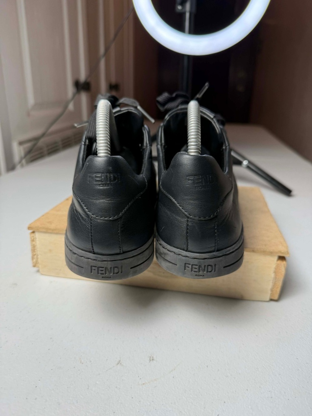 Used FENDI FF Embossed Black Leather Sneakers Sz 37.5 / US 7.5 - Picture 3 of 13